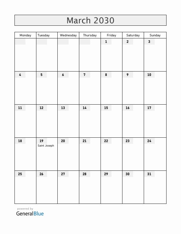 Spain March 2030 Calendar with Holidays