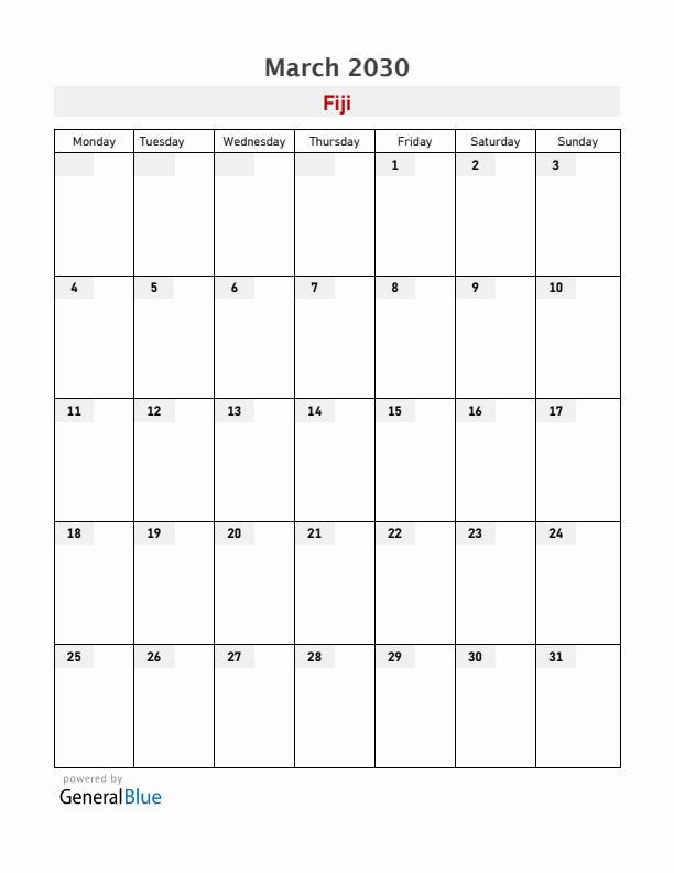 Fiji March 2030 Calendar with Holidays