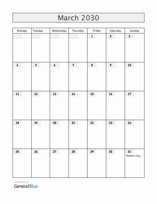 Guernsey March 2030 Calendar with Holidays