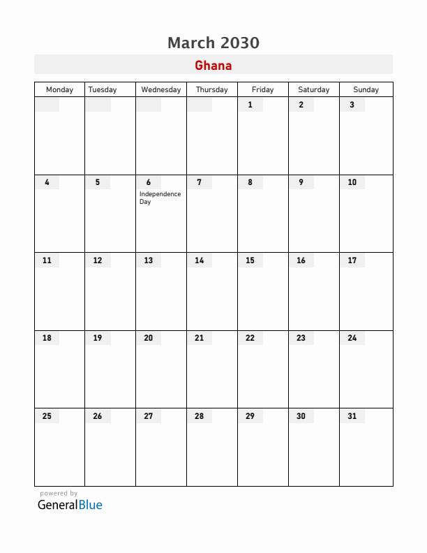 Ghana March 2030 Calendar with Holidays