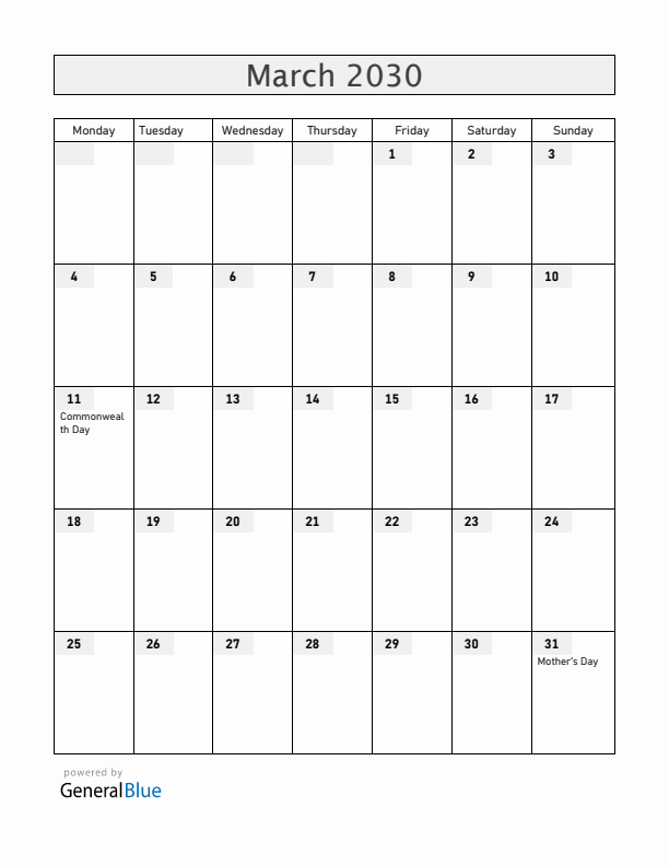 Gibraltar March 2030 Calendar with Holidays