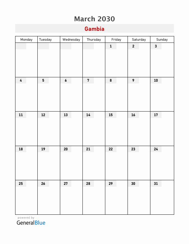 Gambia March 2030 Calendar with Holidays