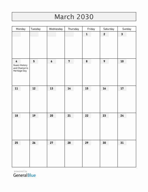 Guam March 2030 Calendar with Holidays