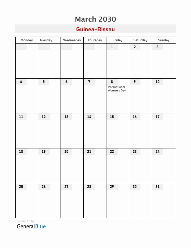 Guinea-Bissau March 2030 Calendar with Holidays