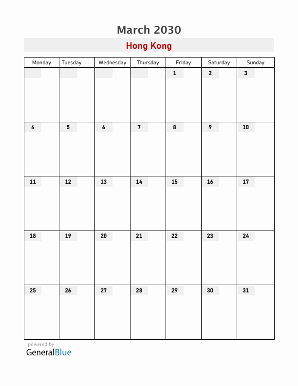 Hong Kong March 2030 Calendar with Holidays