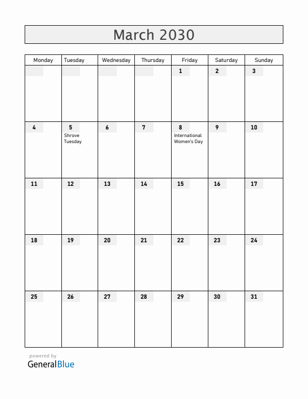 Croatia March 2030 Calendar with Holidays