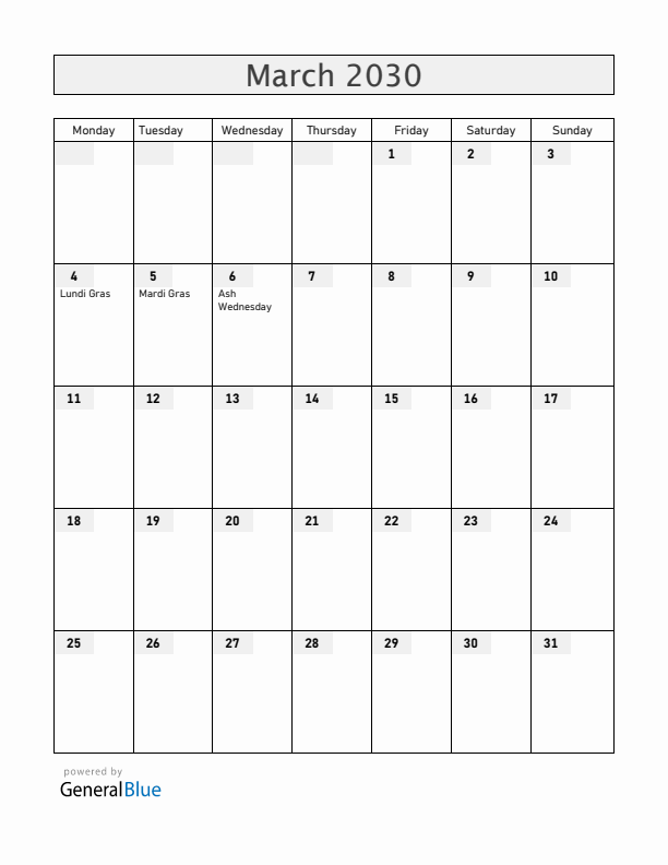 Haiti March 2030 Calendar with Holidays