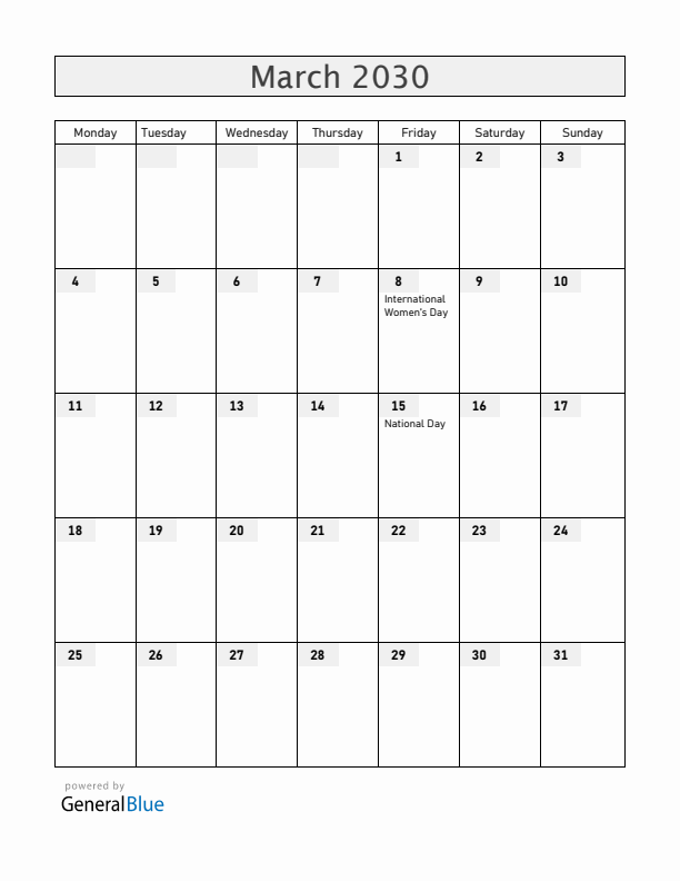 Hungary March 2030 Calendar with Holidays
