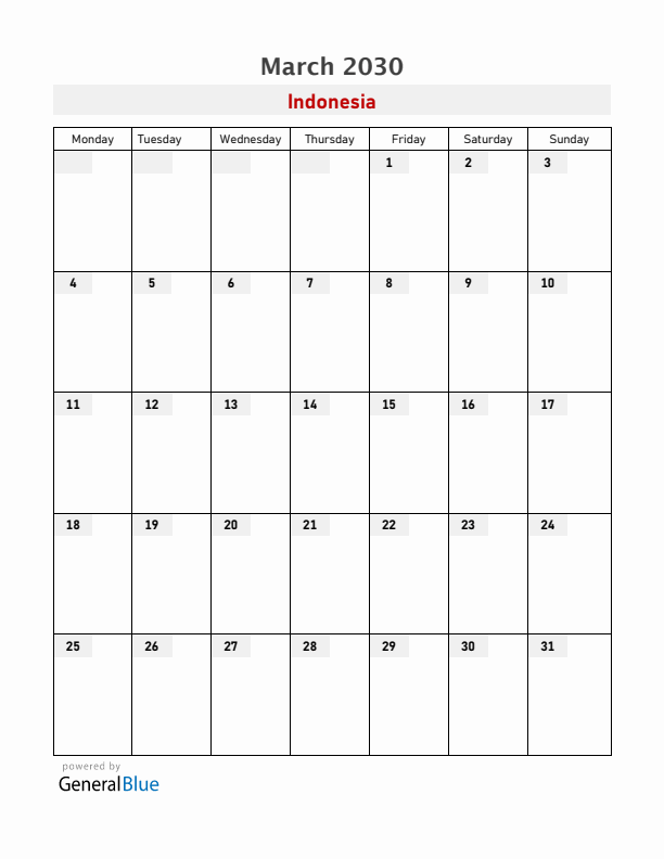 Indonesia March 2030 Calendar with Holidays