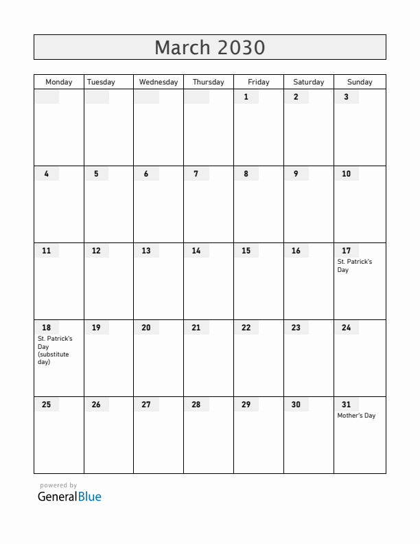 Ireland March 2030 Calendar with Holidays