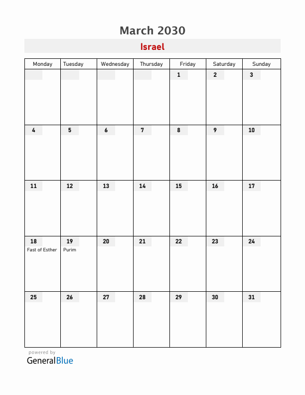 Israel March 2030 Calendar with Holidays