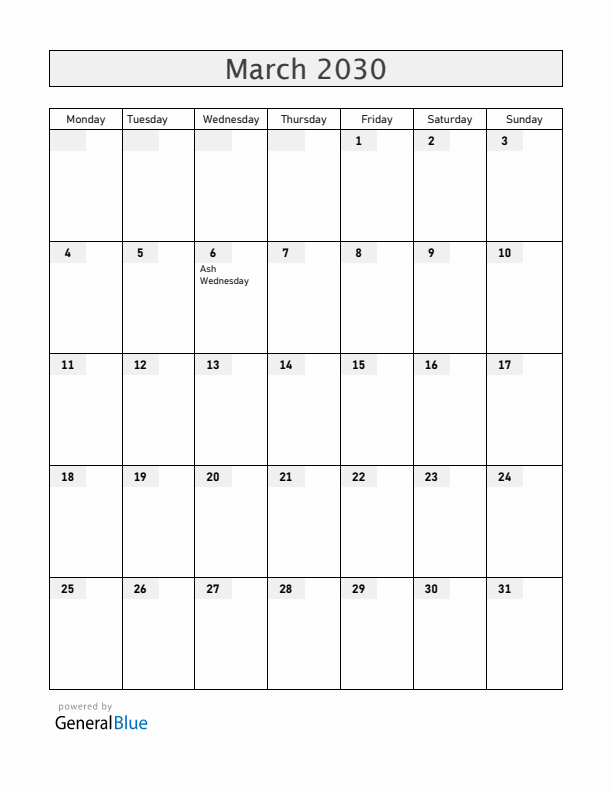 Jamaica March 2030 Calendar with Holidays