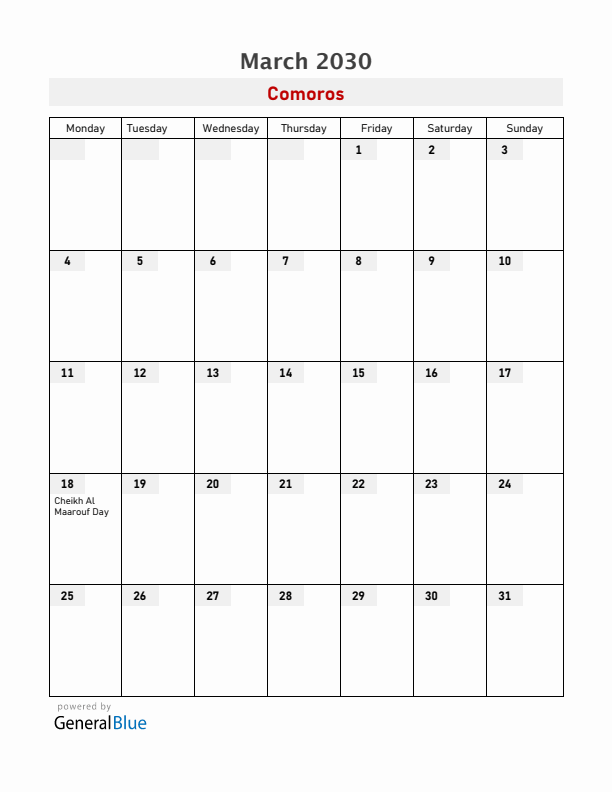 Comoros March 2030 Calendar with Holidays