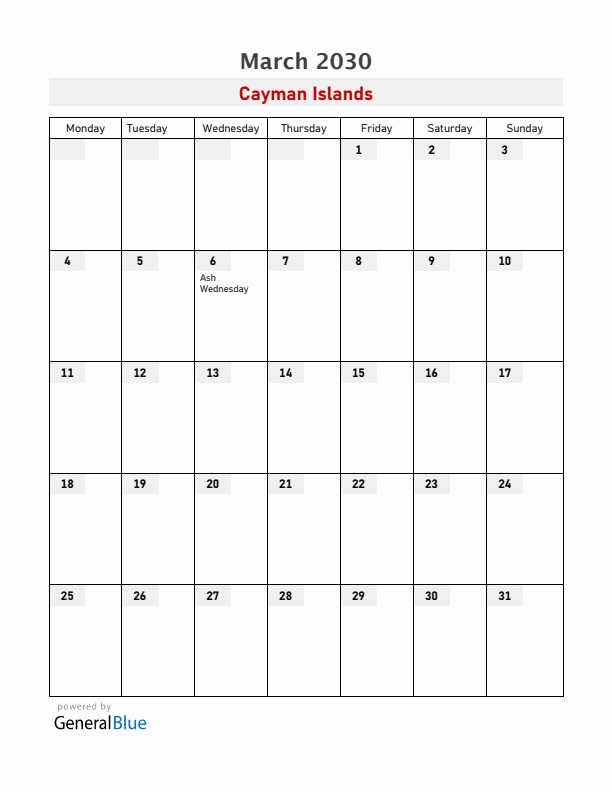 Cayman Islands March 2030 Calendar with Holidays
