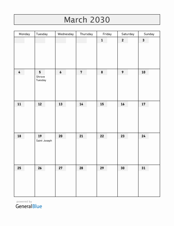 Liechtenstein March 2030 Calendar with Holidays