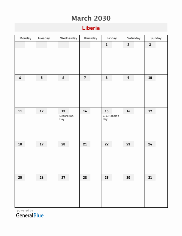 Liberia March 2030 Calendar with Holidays