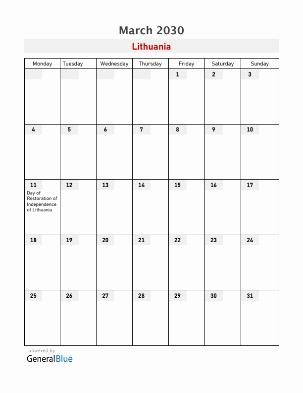 Lithuania March 2030 Calendar with Holidays