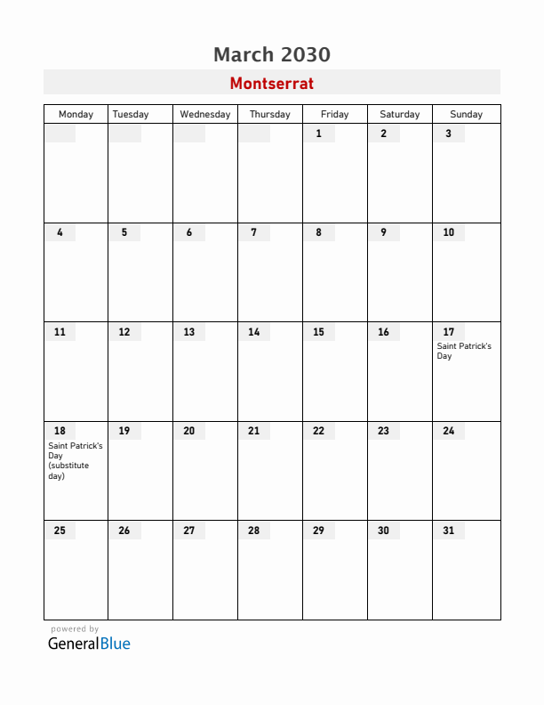 Montserrat March 2030 Calendar with Holidays