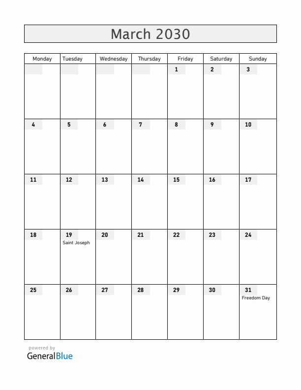 Malta March 2030 Calendar with Holidays