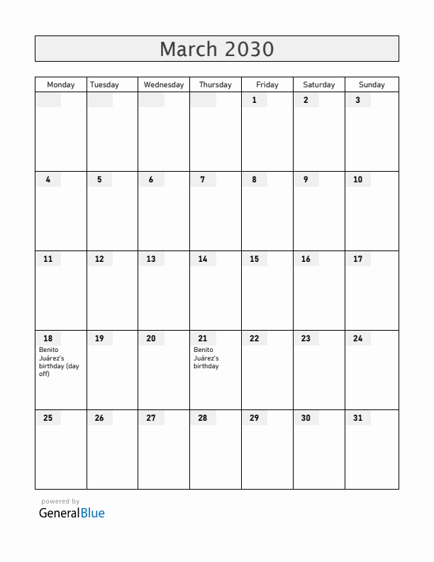 Mexico March 2030 Calendar with Holidays