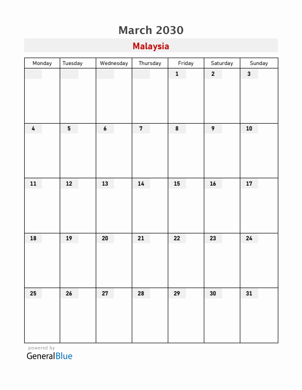 Malaysia March 2030 Calendar with Holidays