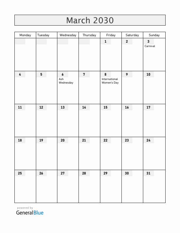 Norway March 2030 Calendar with Holidays