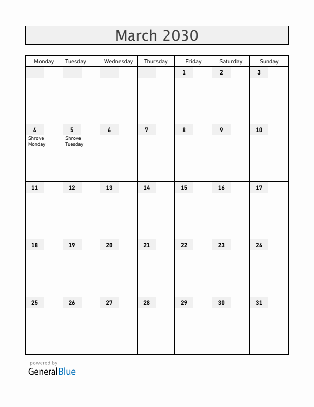Panama March 2030 Calendar with Holidays