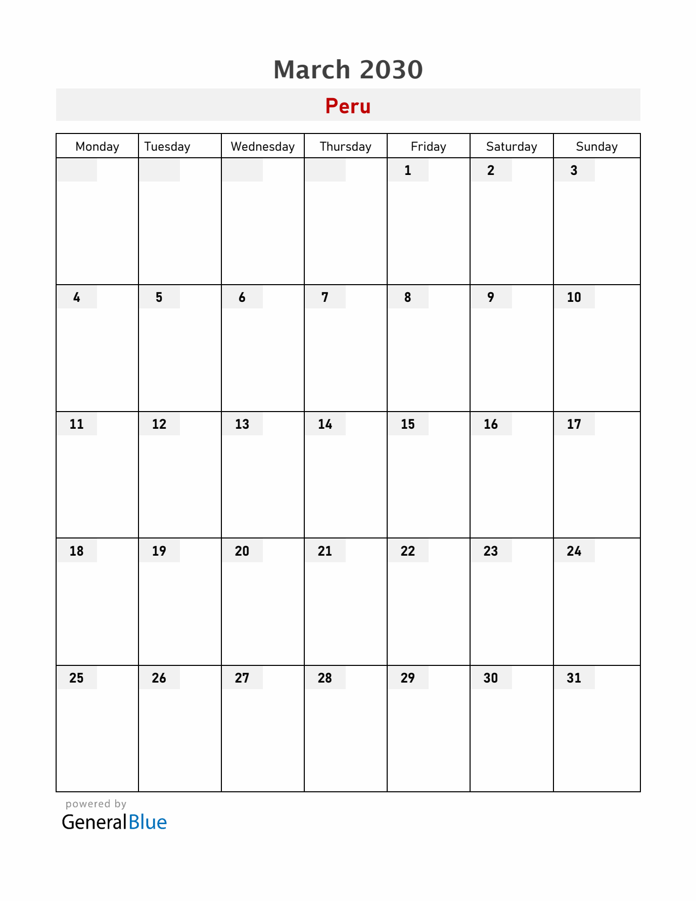 Peru March 2030 Calendar with Holidays