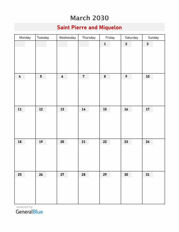 Saint Pierre and Miquelon March 2030 Calendar with Holidays
