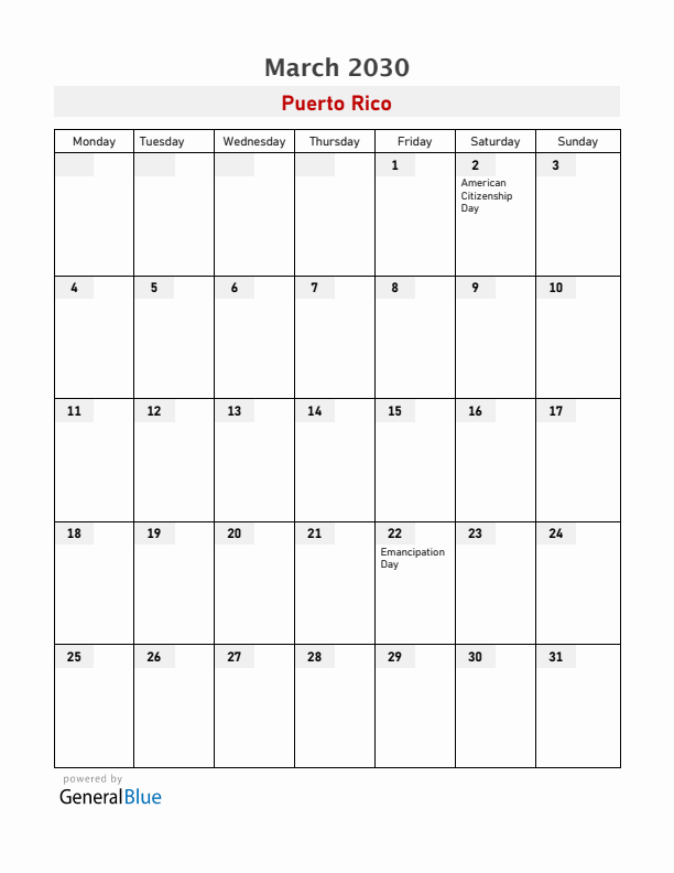 Puerto Rico March 2030 Calendar with Holidays