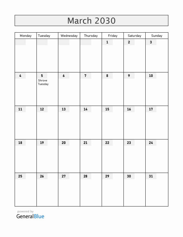 Portugal March 2030 Calendar with Holidays