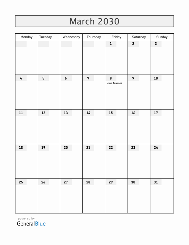 Romania March 2030 Calendar with Holidays