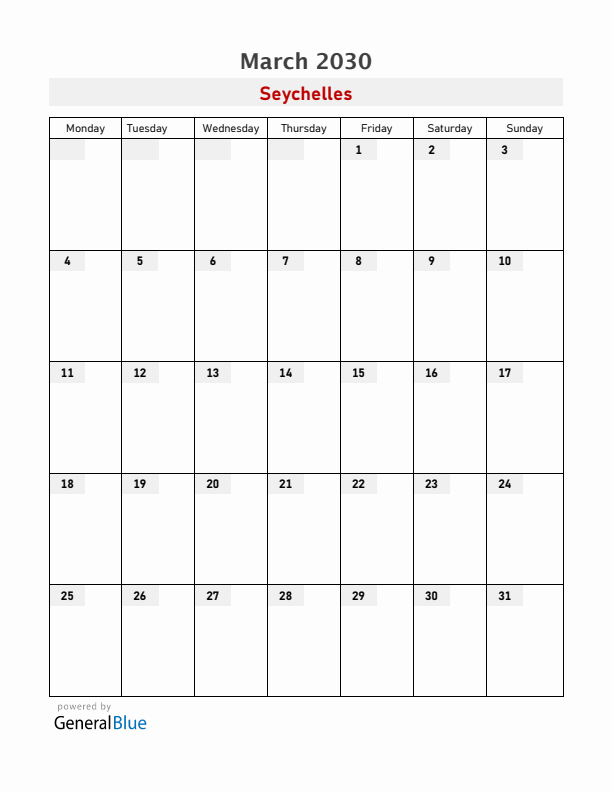 Seychelles March 2030 Calendar with Holidays