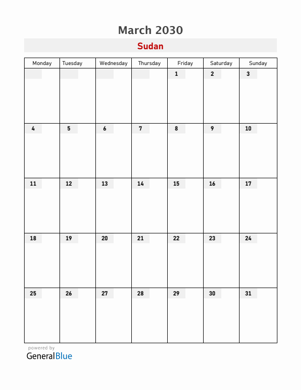Sudan March 2030 Calendar with Holidays