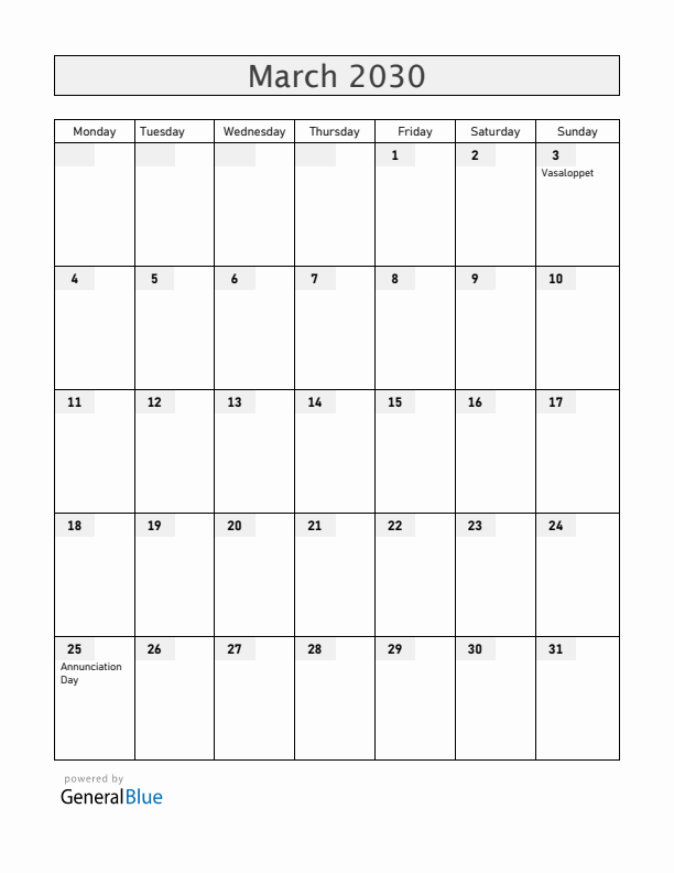 Sweden March 2030 Calendar with Holidays