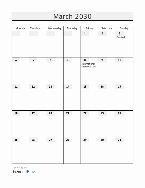 Slovenia March 2030 Calendar with Holidays