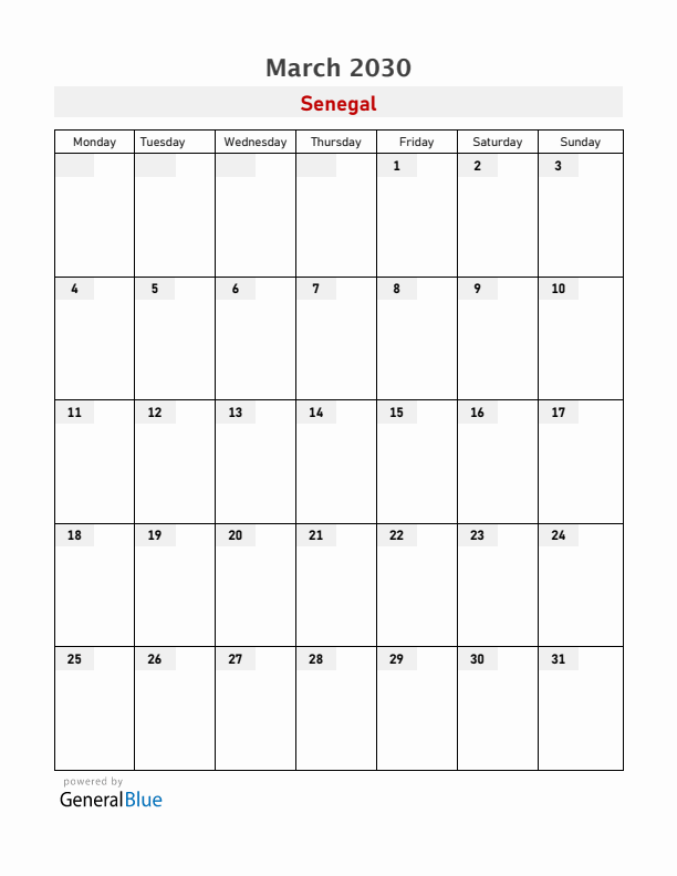 Senegal March 2030 Calendar with Holidays