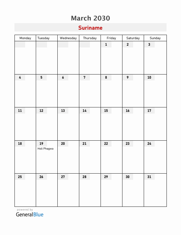 Suriname March 2030 Calendar with Holidays