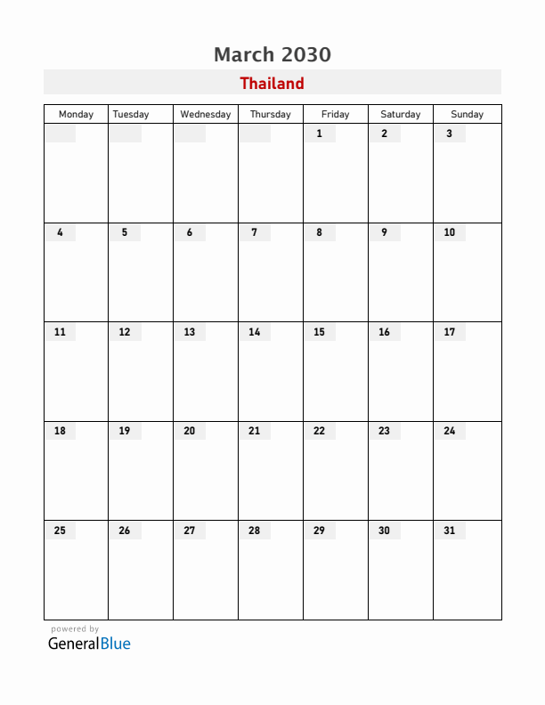 Thailand March 2030 Calendar with Holidays