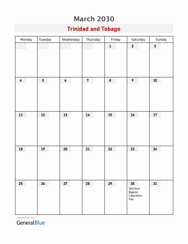 Trinidad and Tobago March 2030 Calendar with Holidays