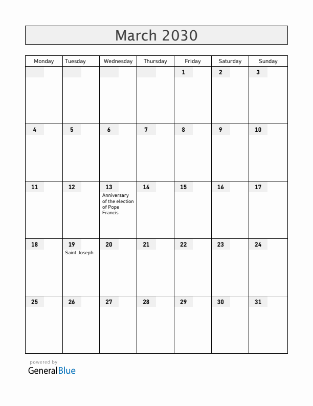 Vatican March 2030 Calendar with Holidays