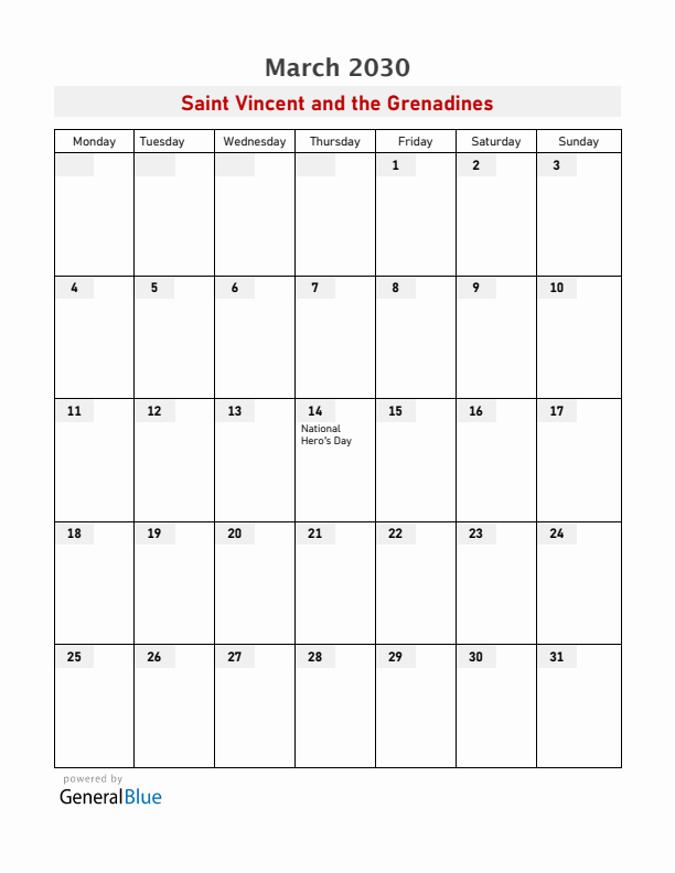 Saint Vincent and the Grenadines March 2030 Calendar with Holidays