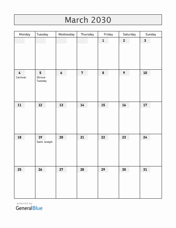 Venezuela March 2030 Calendar with Holidays