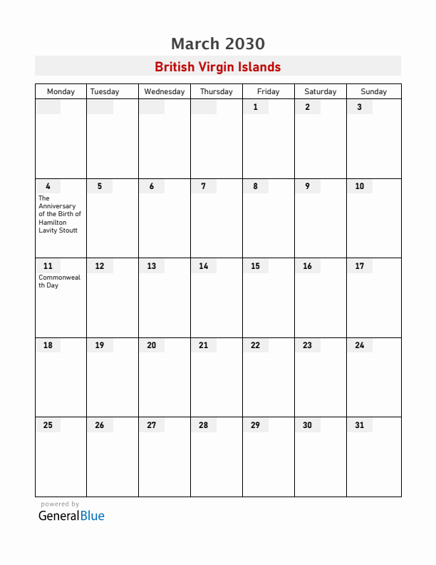 British Virgin Islands March 2030 Calendar with Holidays
