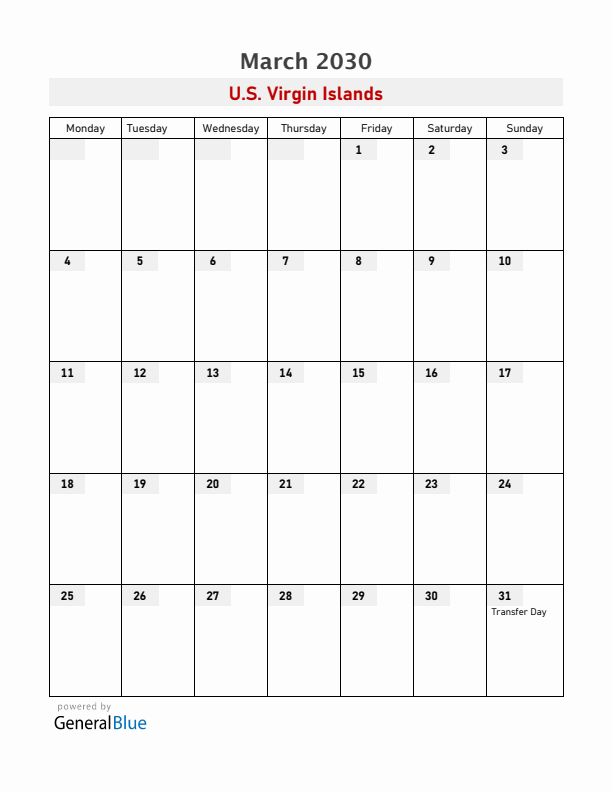 U.S. Virgin Islands March 2030 Calendar with Holidays
