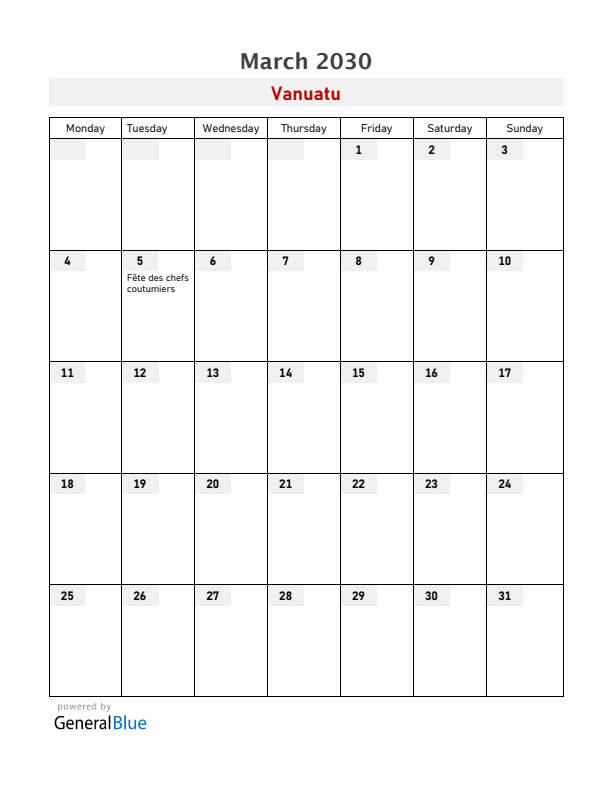 Vanuatu March 2030 Calendar with Holidays