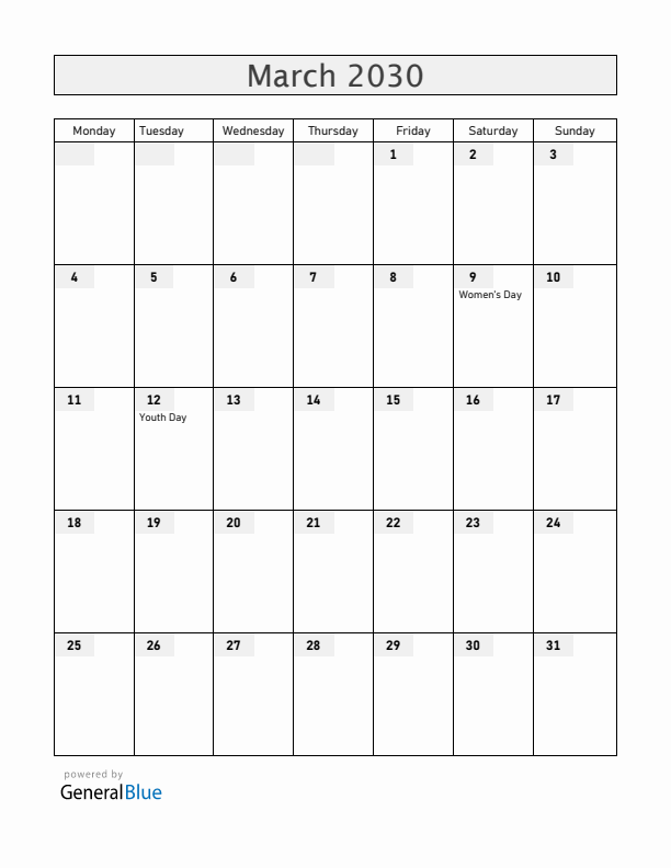 Zambia March 2030 Calendar with Holidays