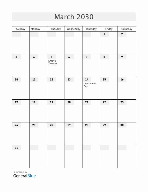 Andorra March 2030 Calendar with Holidays