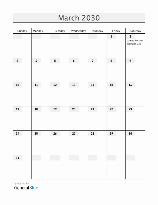 Anguilla March 2030 Calendar with Holidays