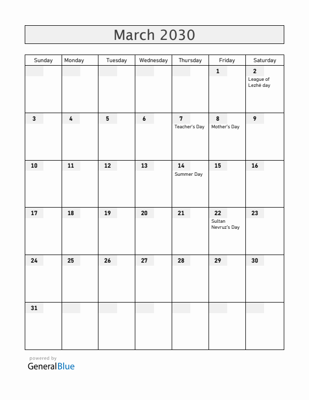 Albania March 2030 Calendar with Holidays